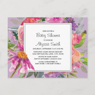 Paarse roze Waterverf Floral Baby shower Briefkaart