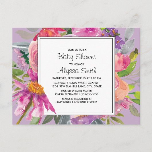 Paarse roze Waterverf Floral Baby shower Briefkaart (Voorkant)