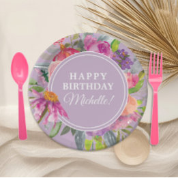 Paarse roze Waterverf Floral Birthday Party Papieren Bordje