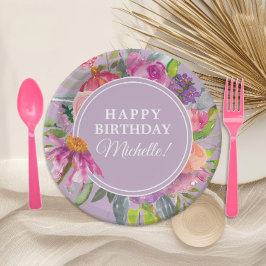 Paarse roze Waterverf Floral Birthday Party Papieren Bordje