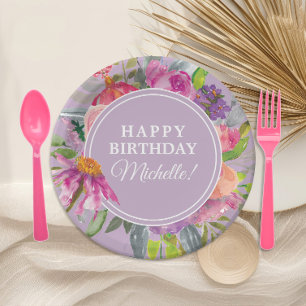 Paarse roze Waterverf Floral Birthday Party Papieren Bordje