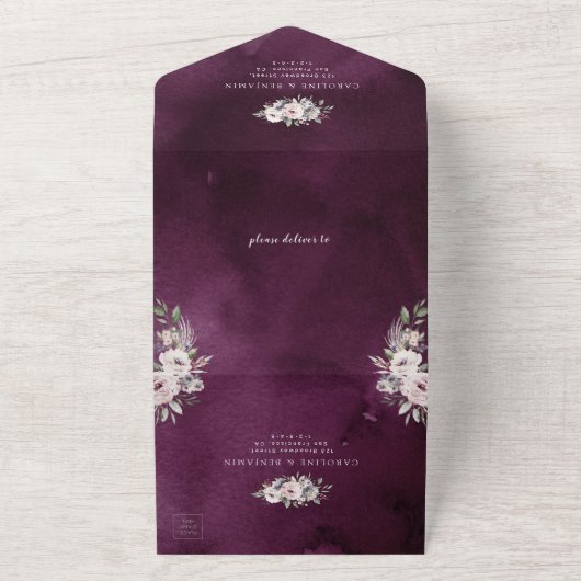 Paarse roze waterverf floral boho bruiloft all in one uitnodiging (Buitenkant)