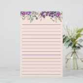 Paarse roze Waterverf Floral gelijnd Briefpapier (Staand voorkant)