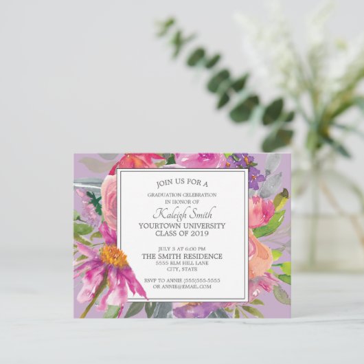 Paarse roze Waterverf Floral Gradual Party Briefkaart (Staand voorkant)