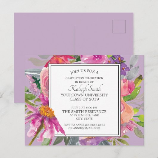 Paarse roze Waterverf Floral Gradual Party Briefkaart (Voorkant / Achterkant)