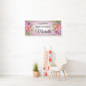 Paarse roze Waterverf Floral Happy Birthday Name Spandoek (Insitu)