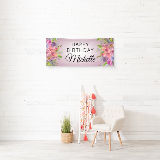 Paarse roze Waterverf Floral Happy Birthday Name Spandoek (Insitu)