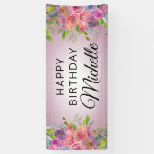 Paarse roze Waterverf Floral Happy Birthday Name Spandoek (Verticaal)