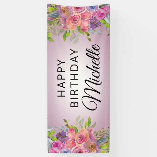 Paarse roze Waterverf Floral Happy Birthday Name Spandoek (Verticaal)
