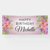 Paarse roze Waterverf Floral Happy Birthday Name Spandoek (Horizontaal)