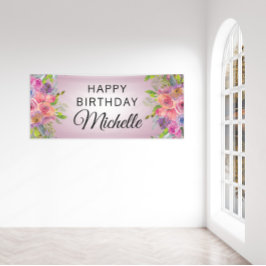 Paarse roze Waterverf Floral Happy Birthday Name Spandoek