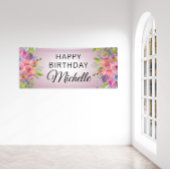 Paarse roze Waterverf Floral Happy Birthday Name Spandoek