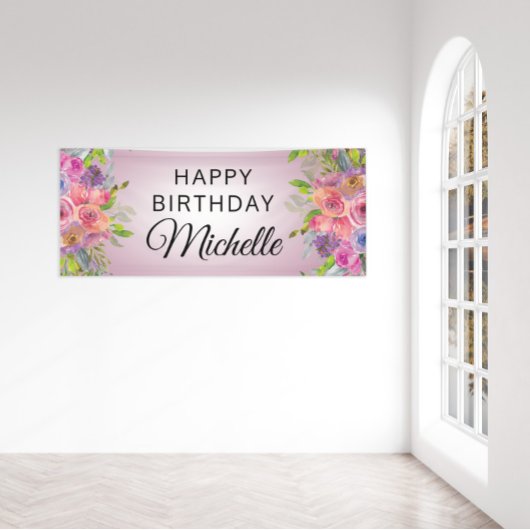 Paarse roze Waterverf Floral Happy Birthday Name Spandoek