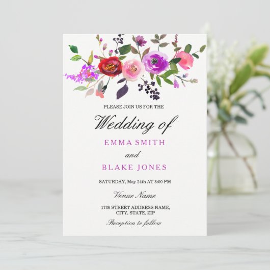 Paarse roze Waterverf Floral Weddenschap Kaart (Staand voorkant)