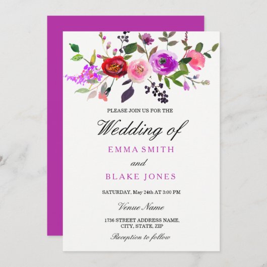 Paarse roze Waterverf Floral Weddenschap Kaart (Voorkant / Achterkant)