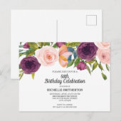 Paarse roze Waterverf Floral White 50th Birthday Briefkaart (Voorkant / Achterkant)