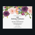 Paarse roze Waterverf Floral White 50th Birthday Briefkaart<br><div class="desc">Elegant botanisch paars en perzik / roze waterverf floral on white 50th verjaardagsparty call briefkaart.</div>