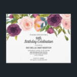 Paarse roze Waterverf Floral White 50th Birthday Briefkaart<br><div class="desc">Elegant botanisch paars en perzik / roze waterverf floral on white 50th verjaardagsparty call briefkaart.</div>