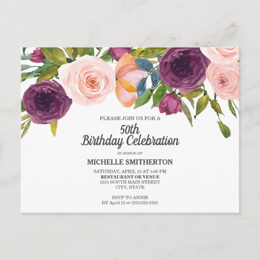 Paarse roze Waterverf Floral White 50th Birthday Briefkaart (Voorkant)