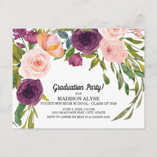 Paarse roze Waterverf Floral White Afstuderen Briefkaart