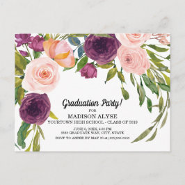 Paarse roze Waterverf Floral White Afstuderen Briefkaart