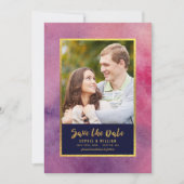 Paarse roze Waterverf & Gold Save the Date Photo (Voorkant)