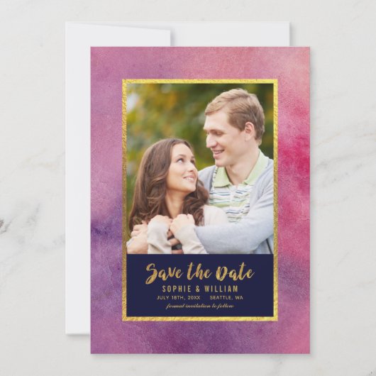 Paarse roze Waterverf & Gold Save the Date Photo (Voorkant)