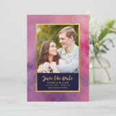 Paarse roze Waterverf & Gold Save the Date Photo (Staand voorkant)