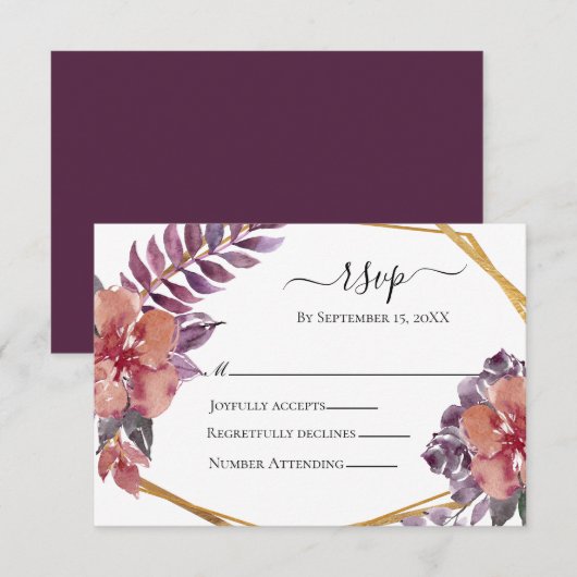 Paarse roze Waterverf gouden bruiloft RSVP Kaartje (Voorkant / Achterkant)