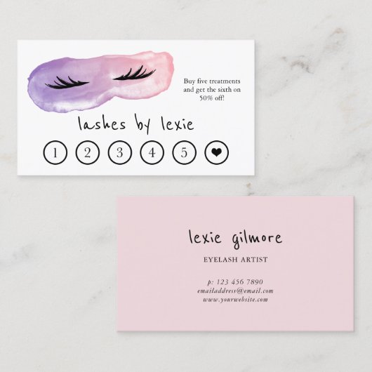 Paarse & Roze Waterverf Lash Artist Loyaliteit Visitekaartje (Voorkant / Achterkant)