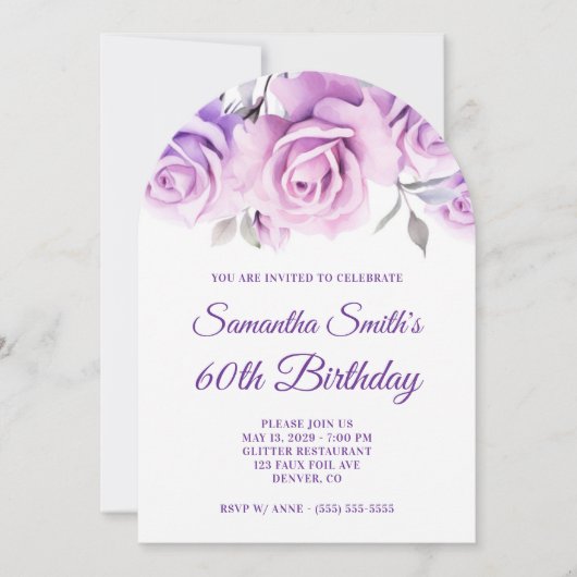 Paarse Roze Waterverf Rozen 60ste Verjaardag Kaart (Voorkant)
