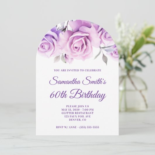 Paarse Roze Waterverf Rozen 60ste Verjaardag Kaart (Staand voorkant)