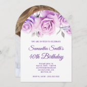Paarse Roze Waterverf Rozen Foto 40e Verjaardag Kaart (Voorkant / Achterkant)