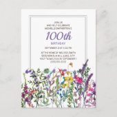 Paarse roze Waterverf Wildbloemen 100e verjaardag Briefkaart (Voorkant)