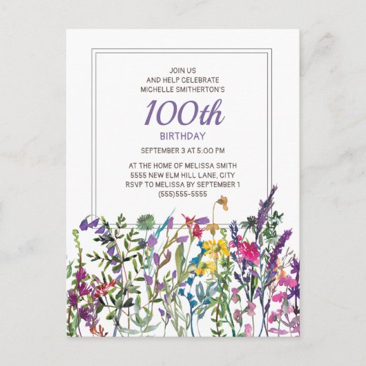 Paarse roze Waterverf Wildbloemen 100e verjaardag Briefkaart (Voorkant)