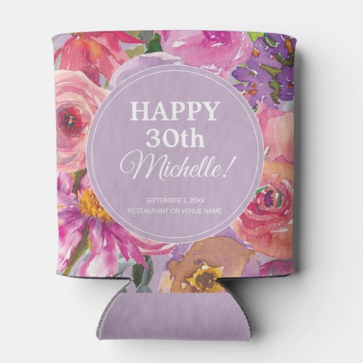 Paarse roze Waterverf Wildbloemen 30e verjaardag Blikjeskoeler (Achterkant)