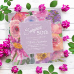 Paarse roze Waterverf Wildbloemen 50e verjaardag Kaart<br><div class="desc">Elegant botanisch paars en roze floral op roze vierkant verrassing 50e verjaardag uitnodiging. Tekst,  lettertype,  tekengrootte en kleur zijn volledig aanpasbaar,  zodat deze kaart volledig aan uw behoeften kan worden aangepast.</div>