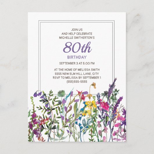 Paarse roze Waterverf Wildbloemen 80e verjaardag Briefkaart (Voorkant)