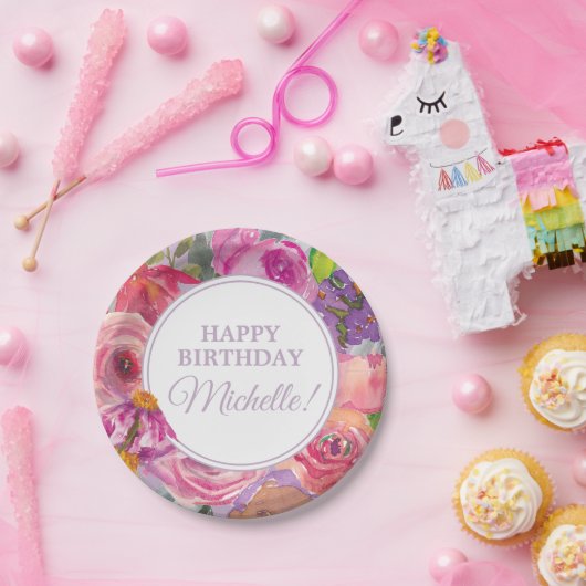 Paarse roze Waterverf Wildbloemen Fijne verjaardag Papieren Bordje (Feest)