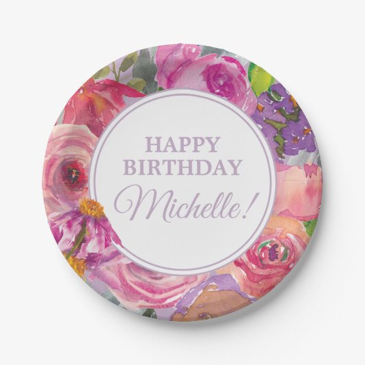 Paarse roze Waterverf Wildbloemen Fijne verjaardag Papieren Bordje (Voorkant)
