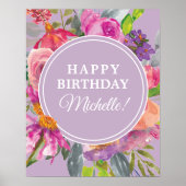 Paarse roze Waterverf Wildbloemen Fijne verjaardag Poster (Voorkant)