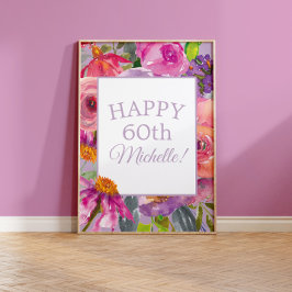 Paarse roze Waterverf Wildbloemen Happy 60th Poster