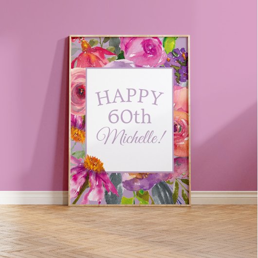 Paarse roze Waterverf Wildbloemen Happy 60th Poster