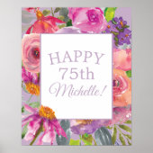 Paarse roze Waterverf Wildbloemen Happy 75th Poster (Voorkant)