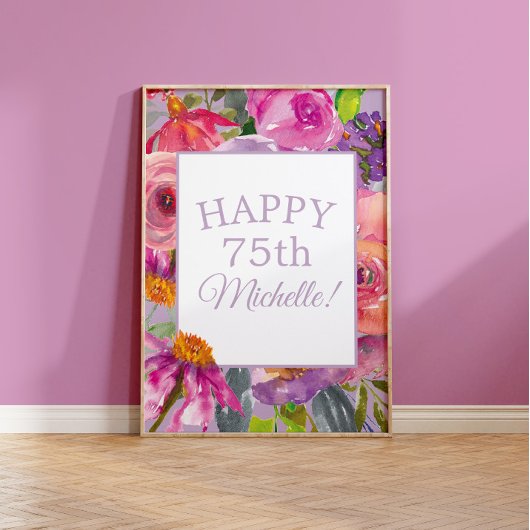 Paarse roze Waterverf Wildbloemen Happy 75th Poster