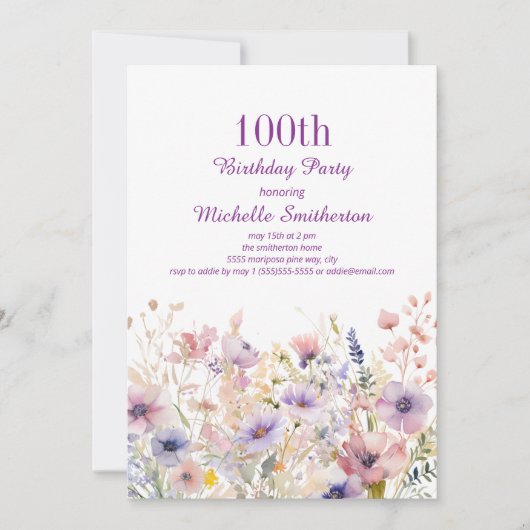 Paarse Roze Waterverf Wildflower 100e Verjaardag Kaart (Voorkant)
