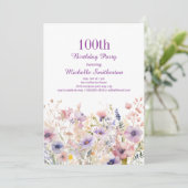 Paarse Roze Waterverf Wildflower 100e Verjaardag Kaart (Staand voorkant)