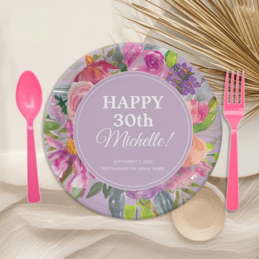 Paarse Roze Waterverf Wildflower 30e Verjaardag Papieren Bordje