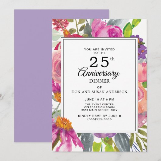 Paarse Roze Wildbloemen 25e bruiloft Jubileum Kaart (Voorkant / Achterkant)