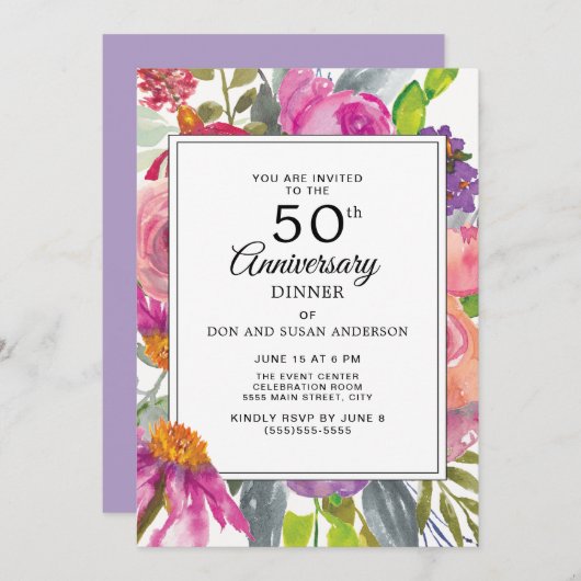 Paarse Roze Wildbloemen 50e bruiloft Jubileum Kaart (Voorkant / Achterkant)